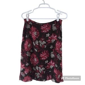 ANN TAYLOR Brown, Rose Pink Floral Silk Midi Skirt